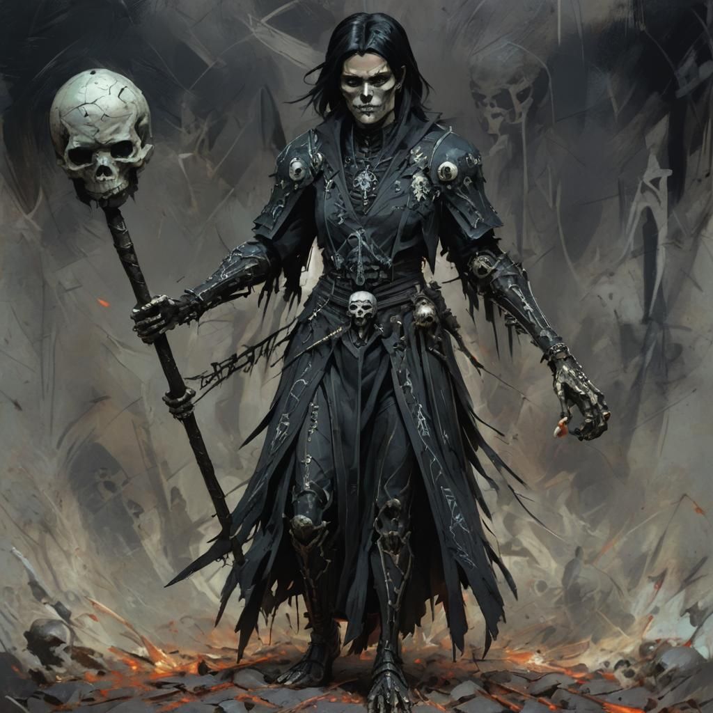 A beautiful black haired necromancer with a skull staff. sin...