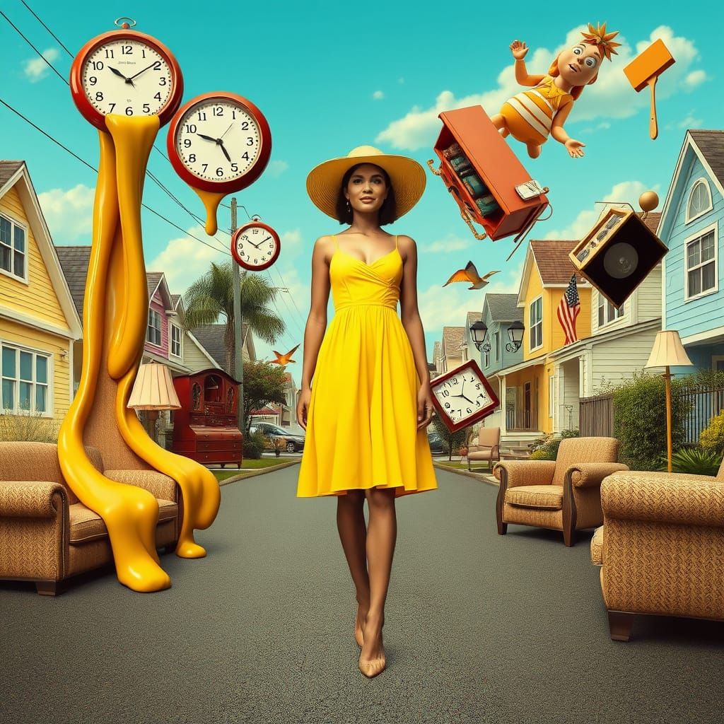 Surreal Suburban Scene in Vibrant Dreamlike Style