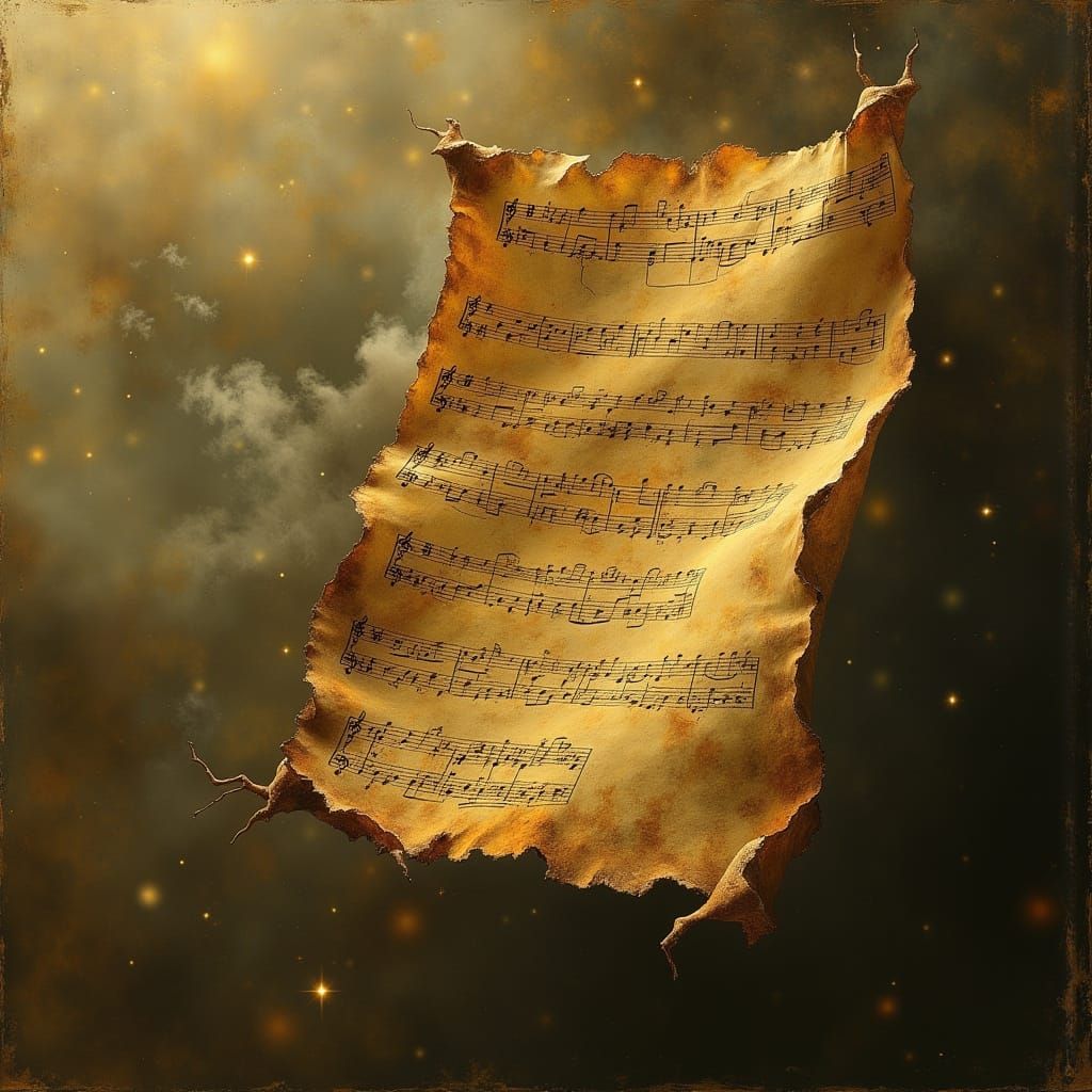 Ancient Sheet Music Floats on Celestial Clouds in Ethereal G...