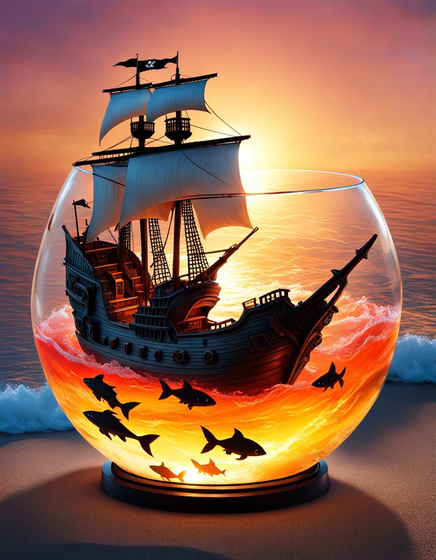 Pirate Ship in Fishbowl with Jolly Roger Sunset
