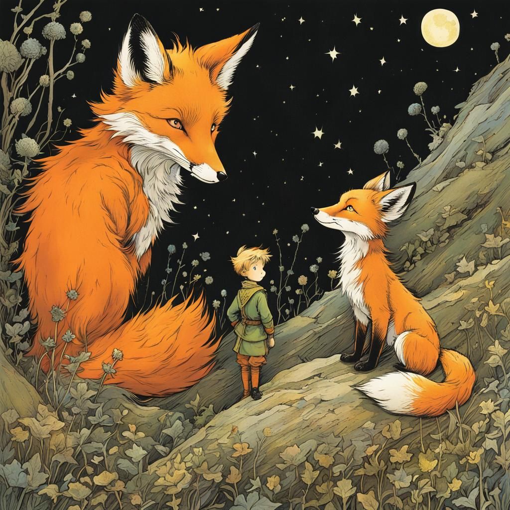 The Little Prince Meets the Fox: Intricate Illustration