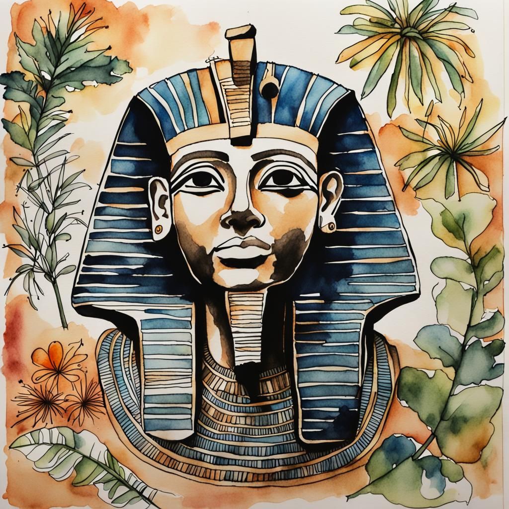 Egyptian Garden Watercolor Sketch with Tropical Plants