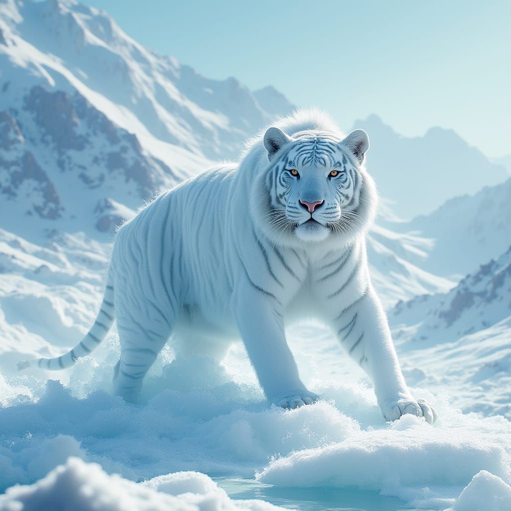Frozen White Tiger in Icy Futuristic Landscape