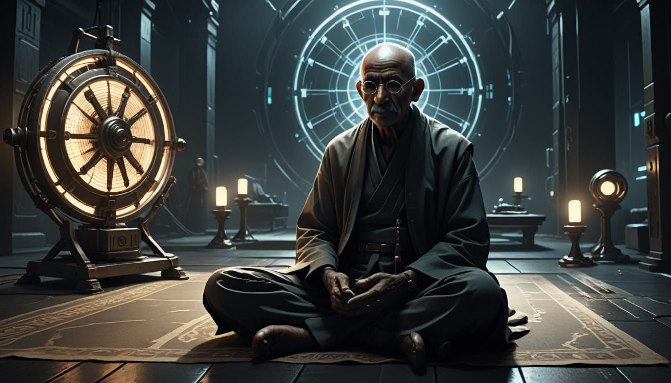 Gandhi with MIB Agents in Retro-Futuristic Noir Style