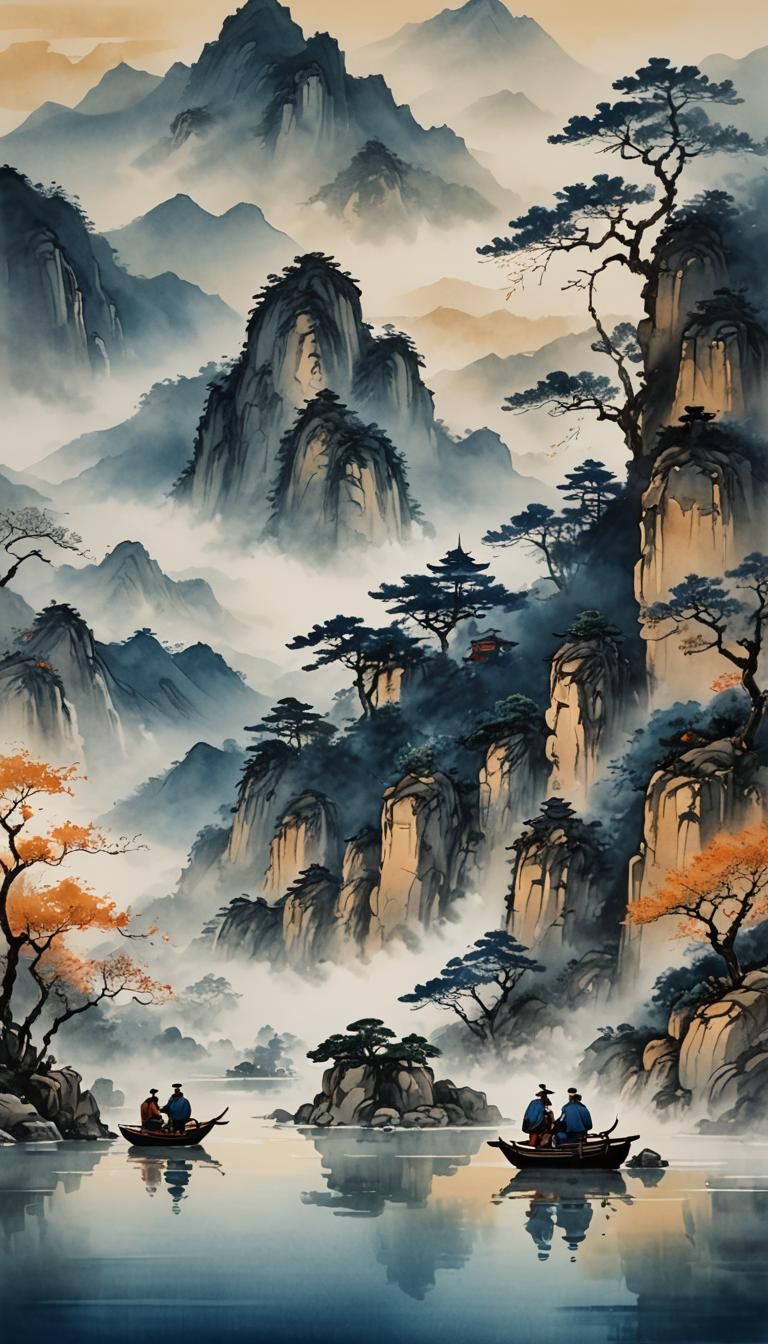 Chinese Ink Painting of Scholars in Mountain Landscape