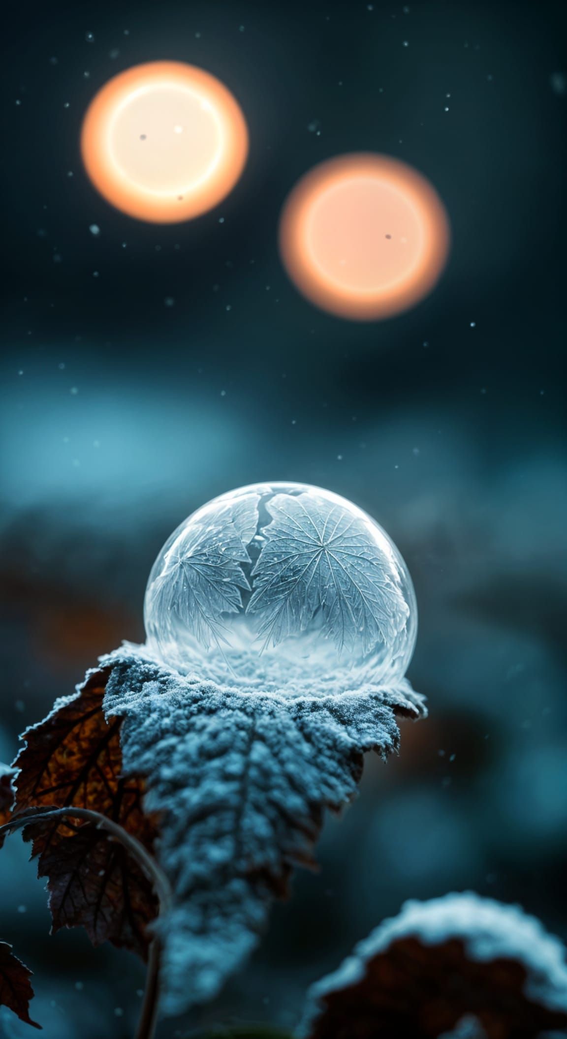 Freezing Soap Bubble on Leaf: Photorealistic Winter Close-Up
