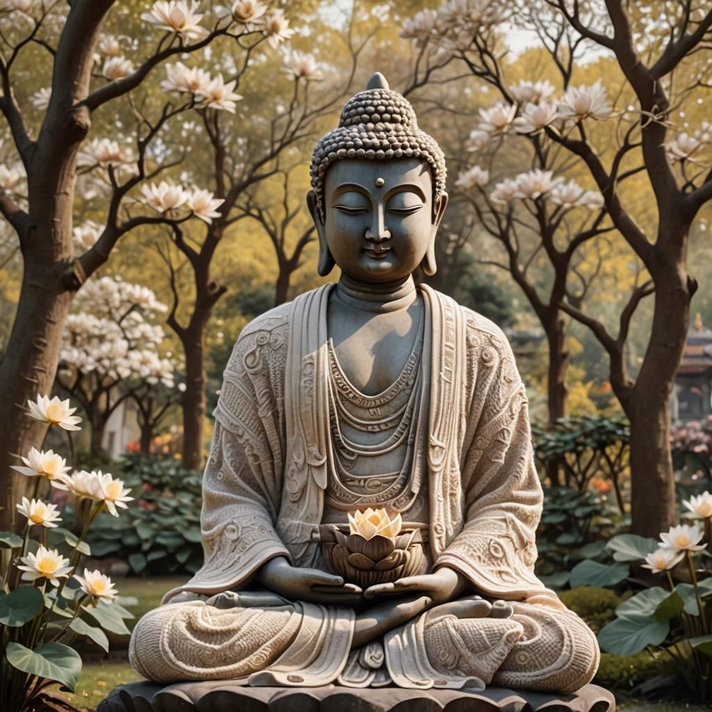 Buddha Statue in Knitted Sweater in Temple Garden