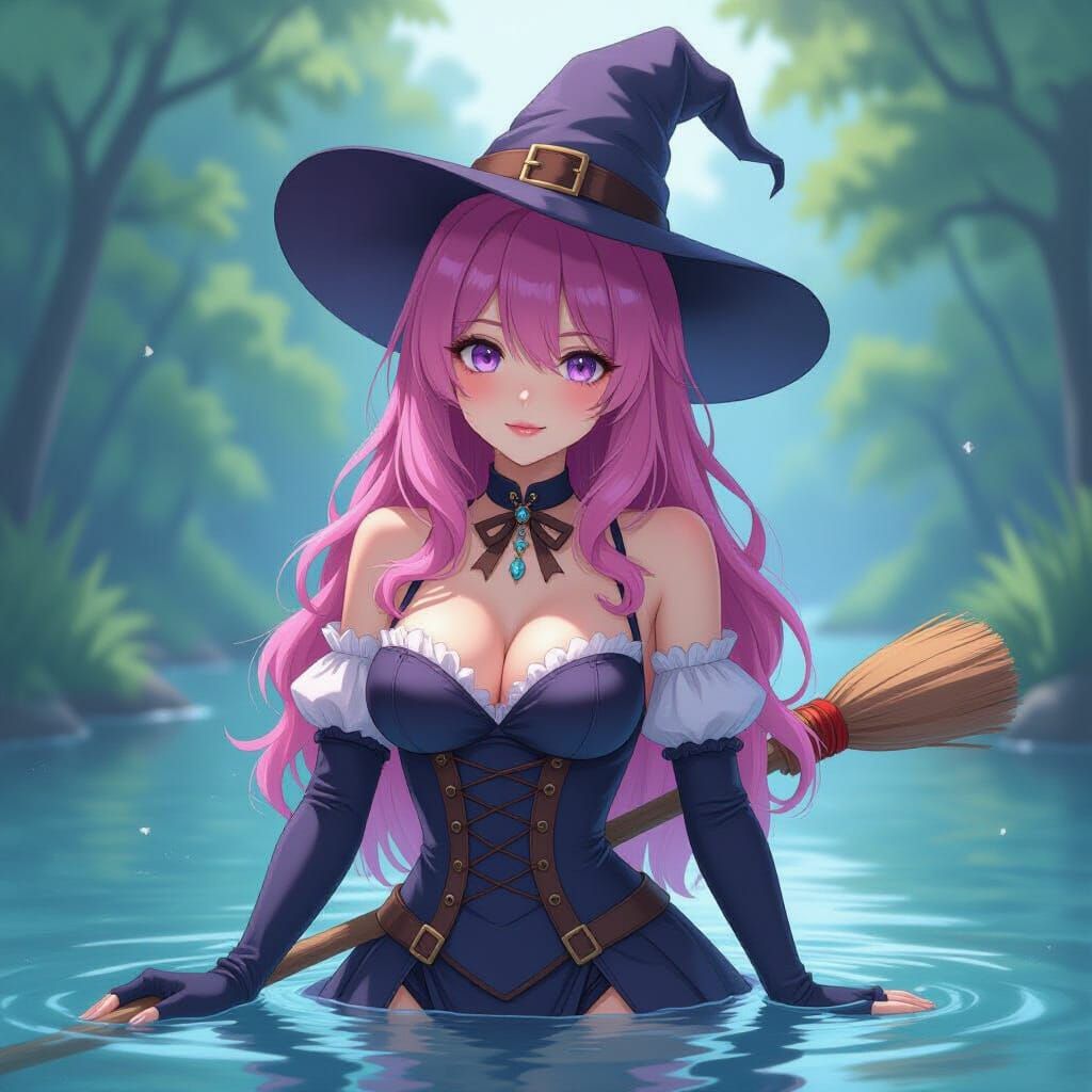Pink Haired Witch Poses With Broomstick in Watercolor Style