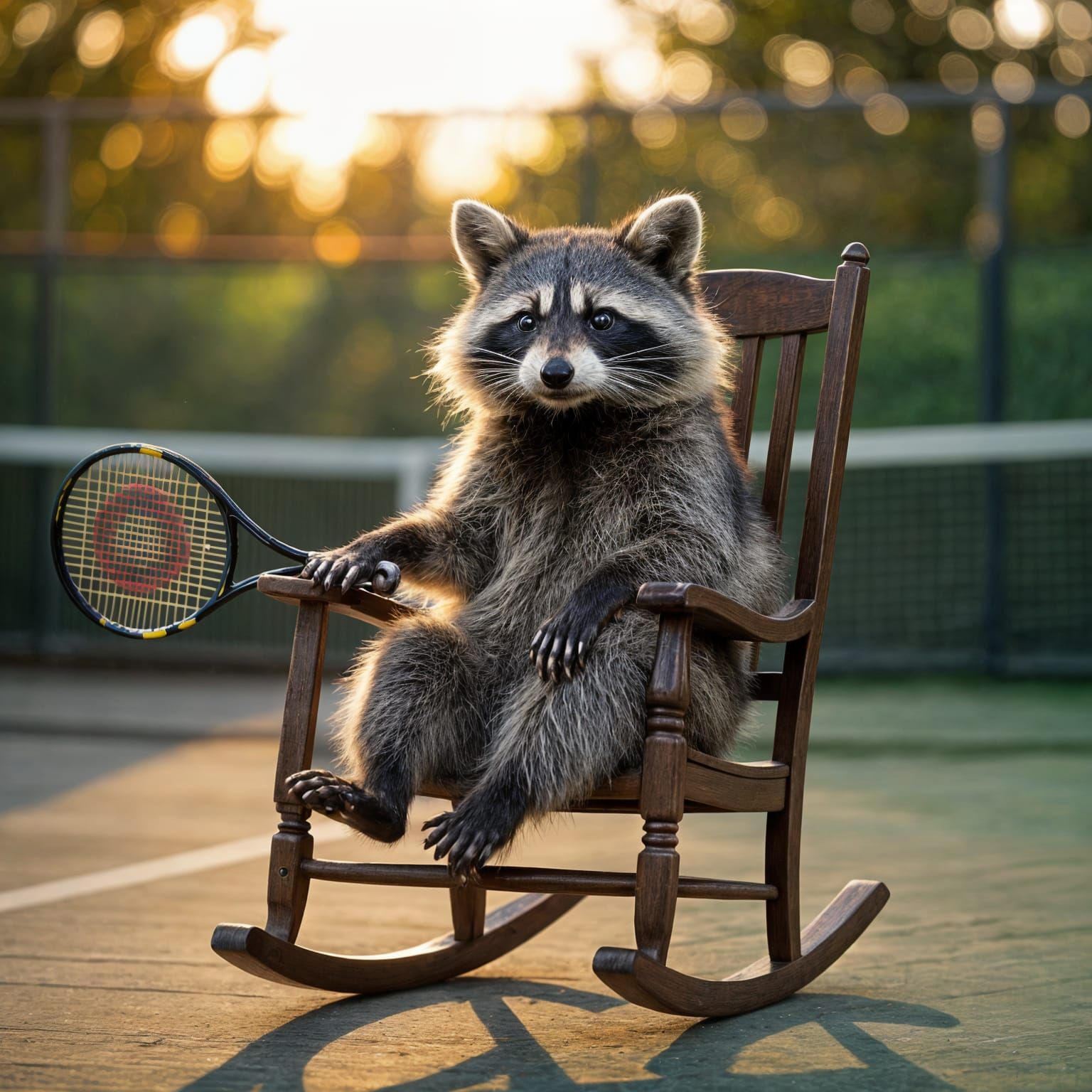 Raccoon Ready to Play Tennis in Rocking Chair
