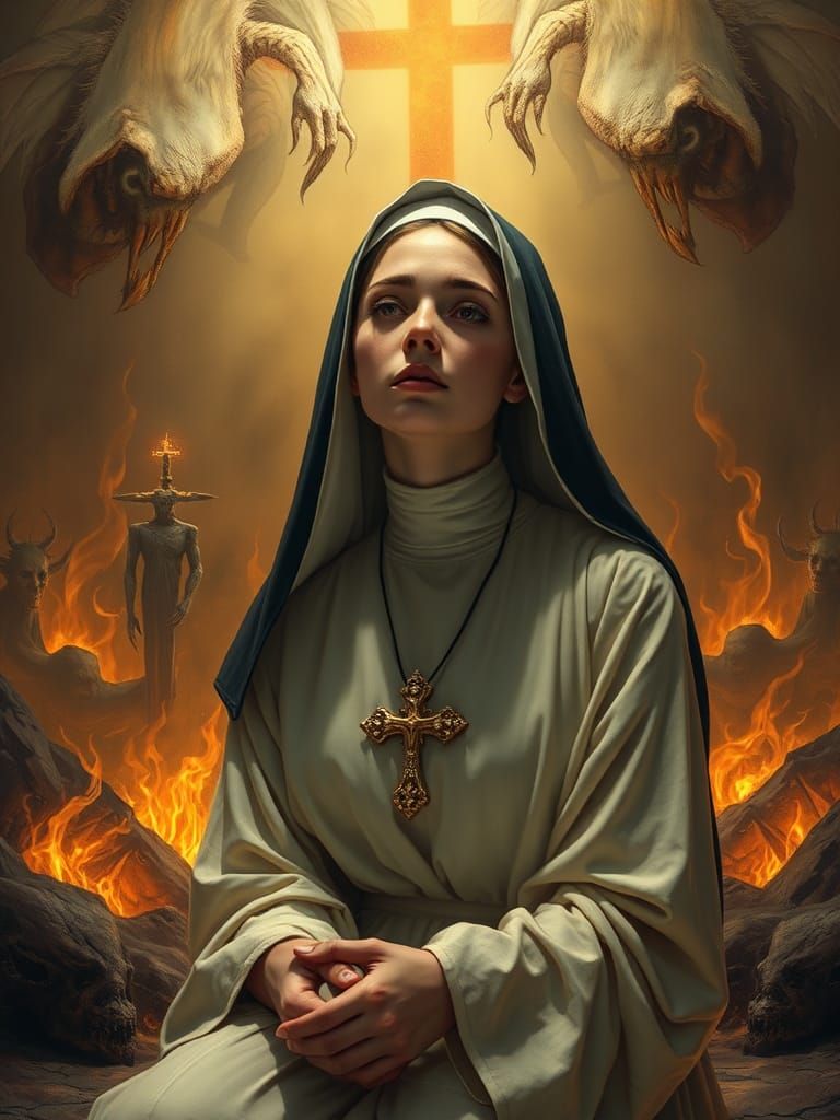 Nun Praying in Fiery Gehenna, Gothic Noir Painting