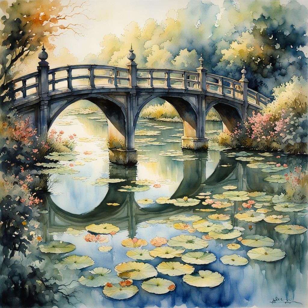 Sacred Lotus Lake: Watercolor Painting with Ornate Bridge