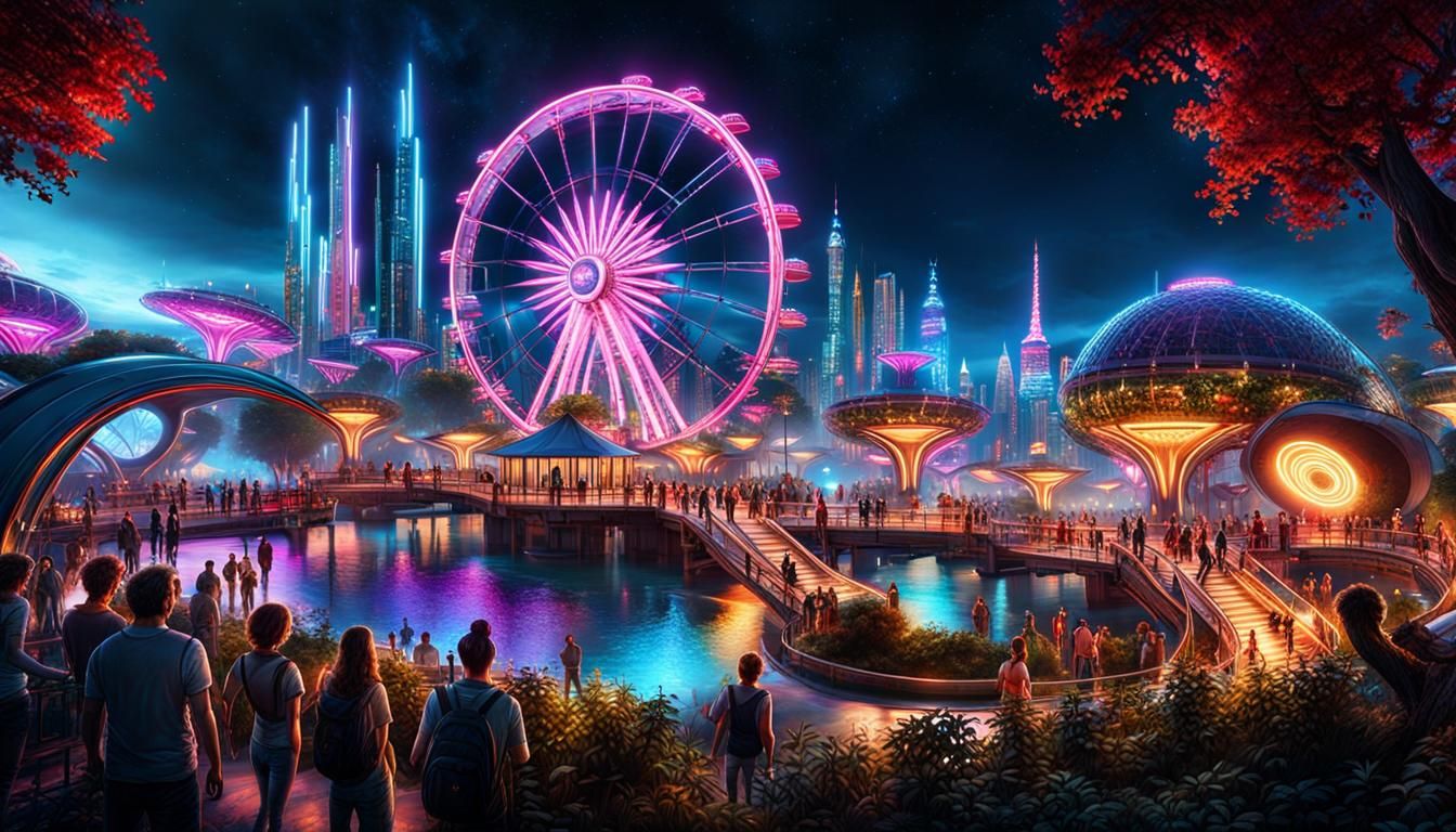 Futuristic Theme Park with Neon Attractions in 8K