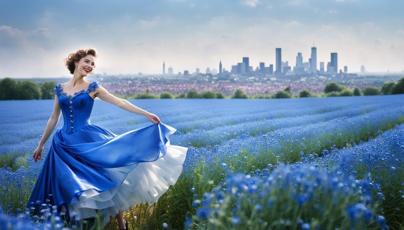 Vintage Corset Girl Frolics in Cornflower Field