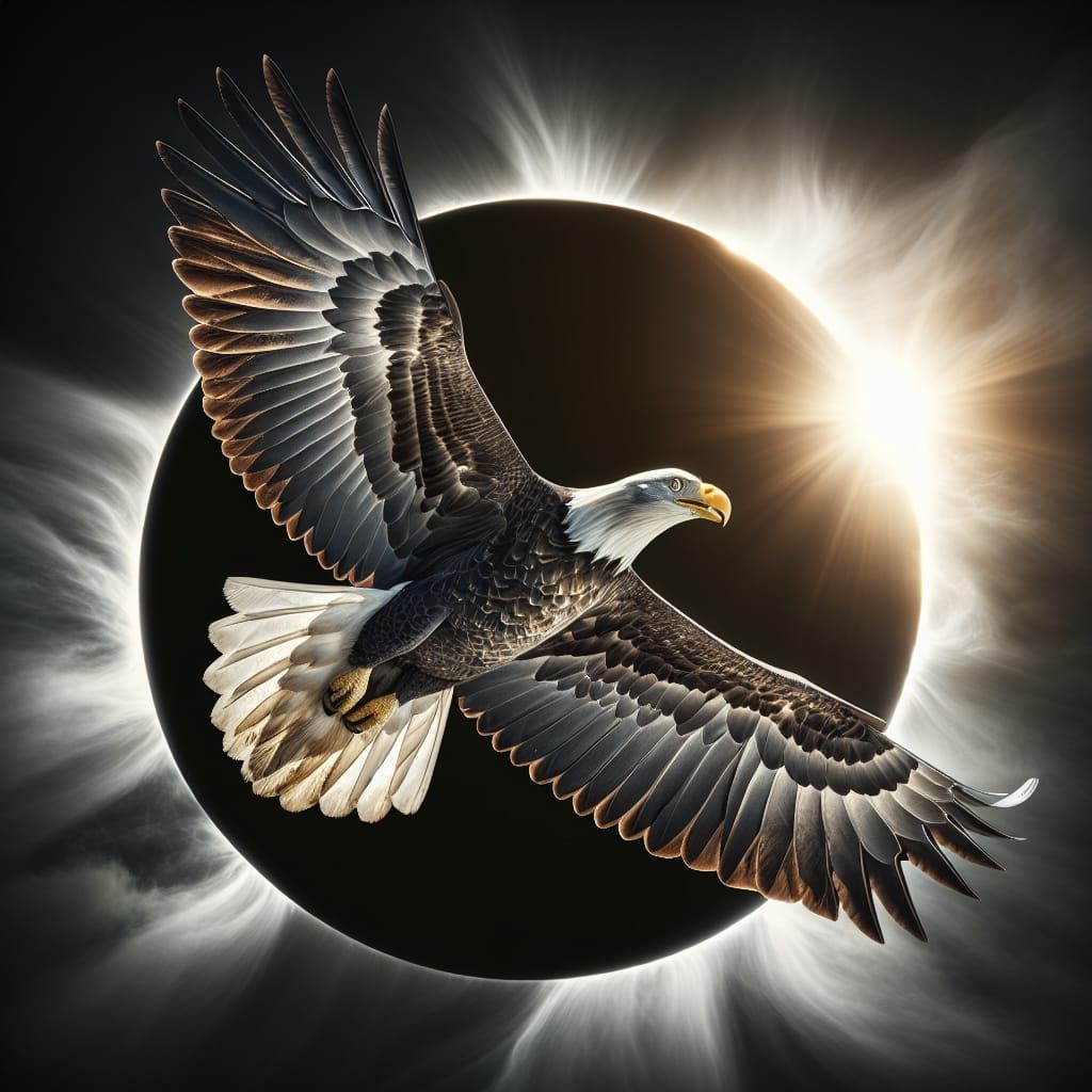 A Majestic American Bald Eagle Flying in front of the Total Solar Eclipse