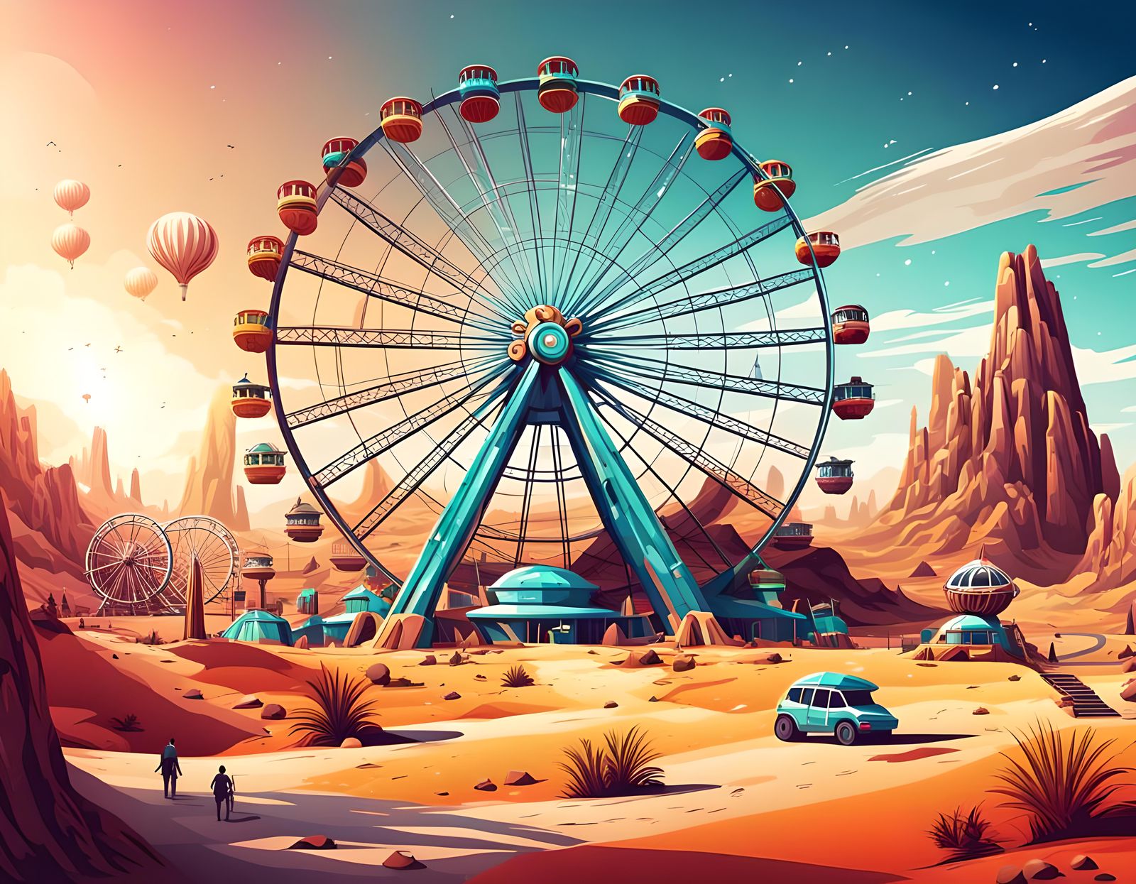 Alien Desert Amusement Park with Big Wheel