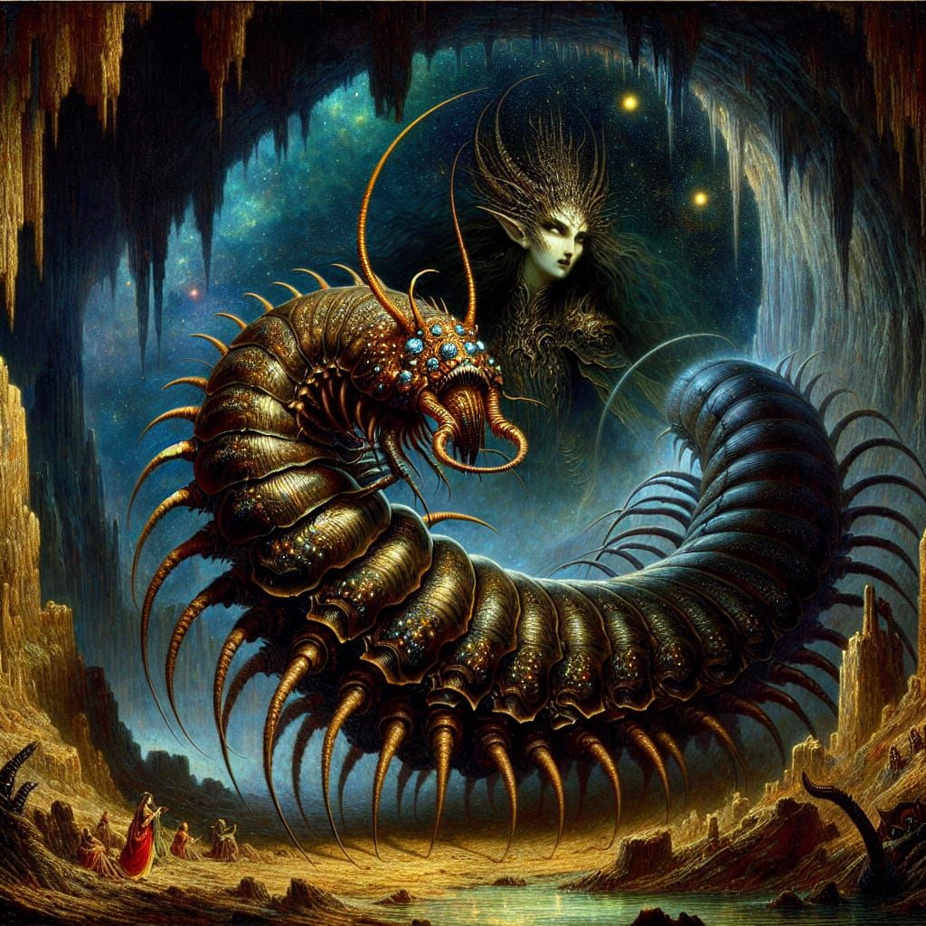 Dark Elf Queen on Centipede in Romanticism Style