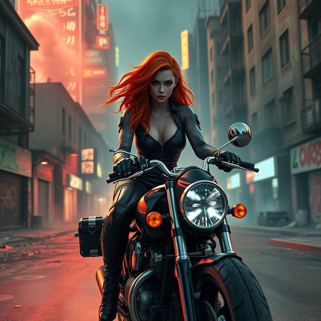 Futuristic Motorcyclist in Neon Cityscape: Gritty 8k Art