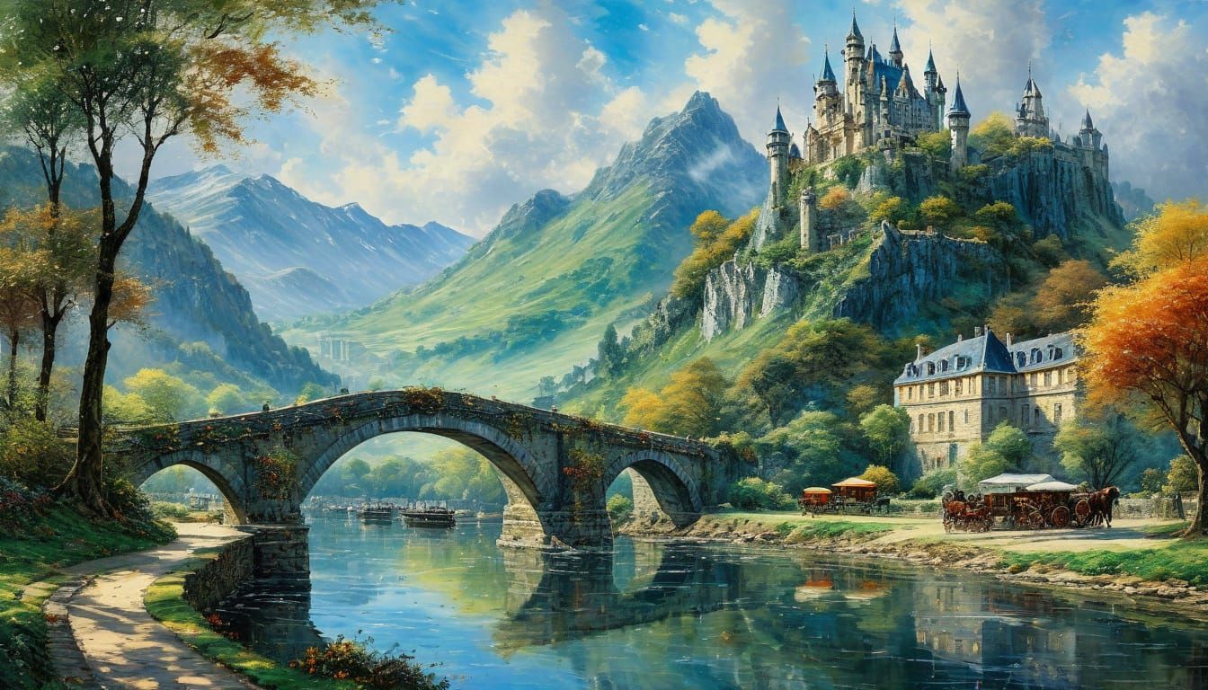 Fantasy Castle Landscape with Intricate Bridge and Village