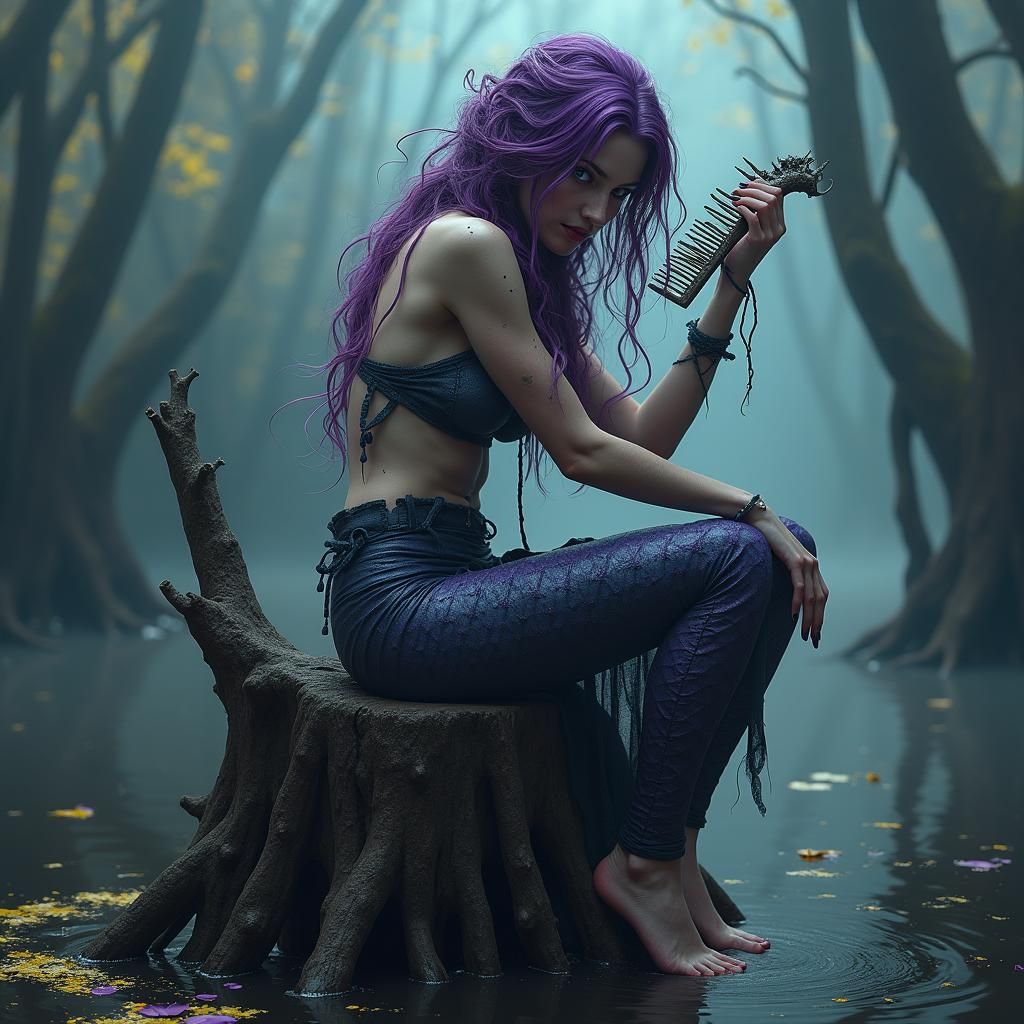 Swamp Mermaid in Bioluminescent Bayou, Art Nouveau Style