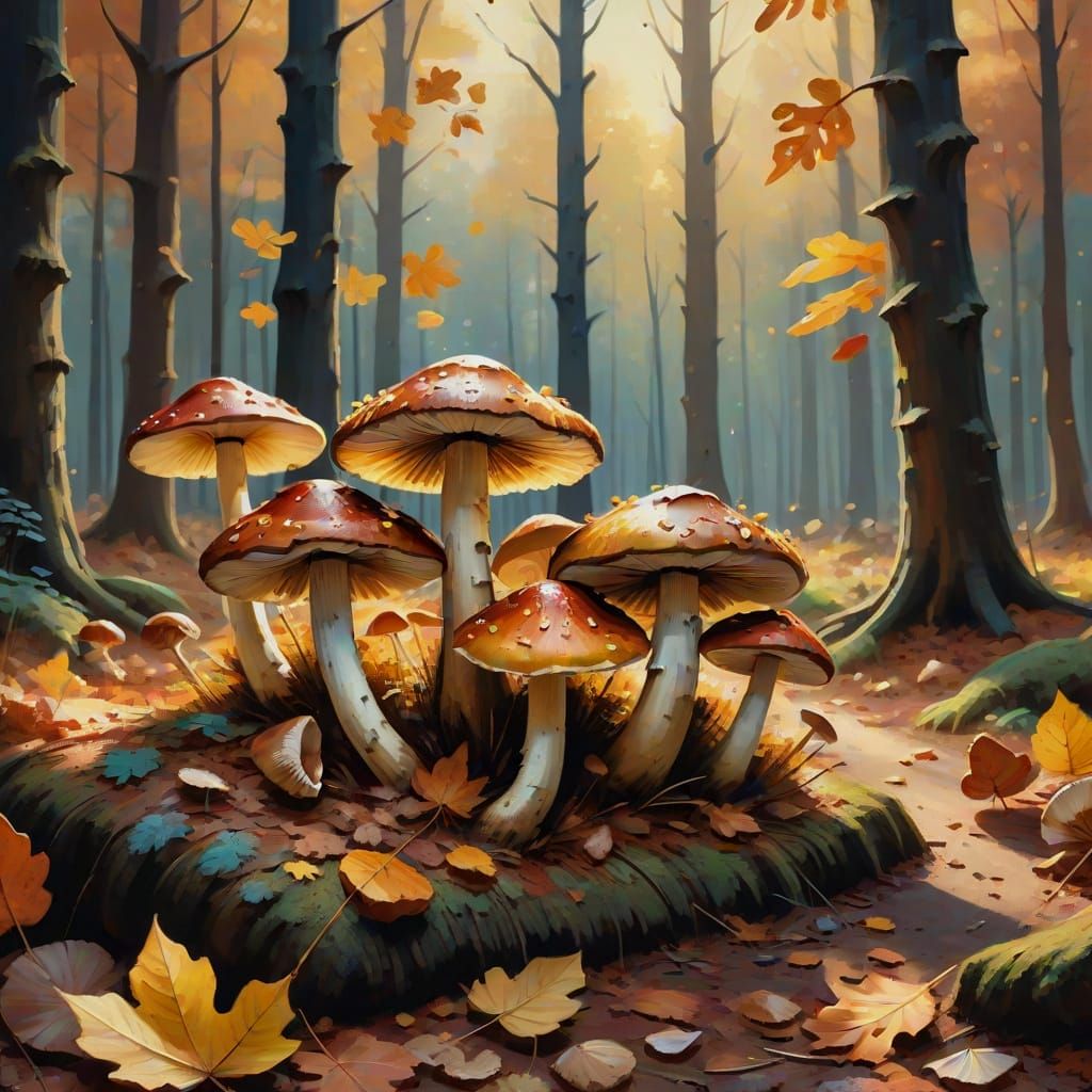 Autumn Forest Floor Mushrooms in Gouache Style