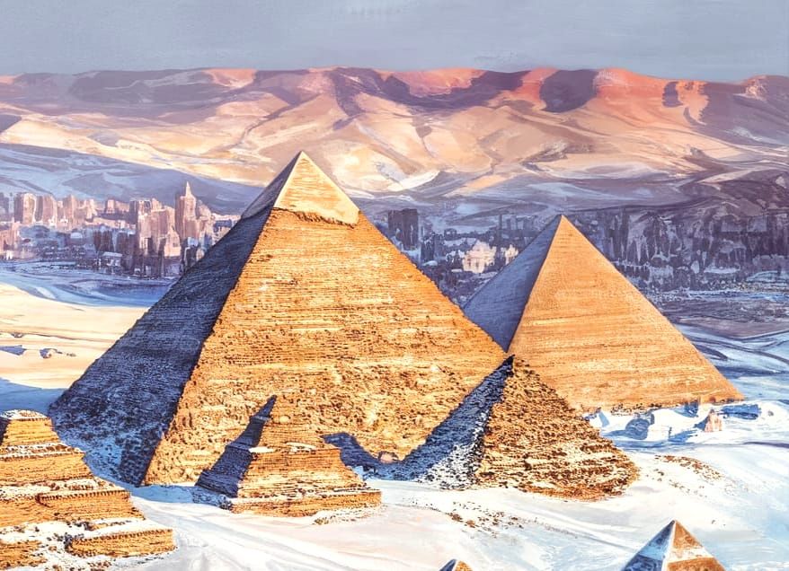 Bird-view of the pyramids and Cairo under snow and ice, desert covered with a snow mantle, snow covers the top and the s...