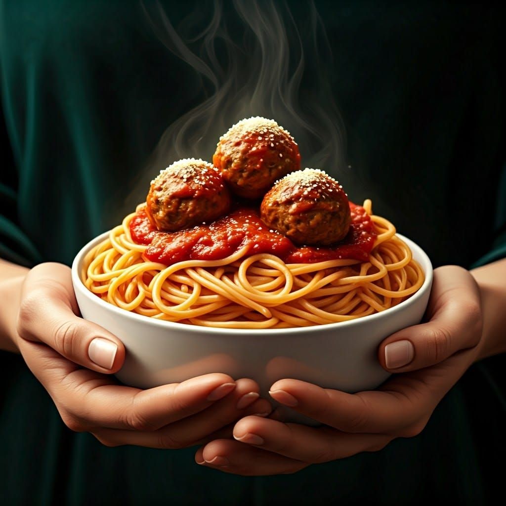 Mouthwatering Spaghetti in Woman's Hands: Photorealistic Art