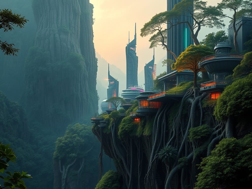 Cyberpunk Metropolis on the Edge of a Verdant Cliff