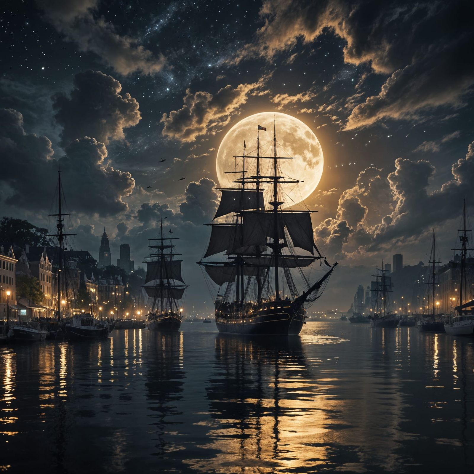 Moonlit Harbor with Tall Ships and City Skyline