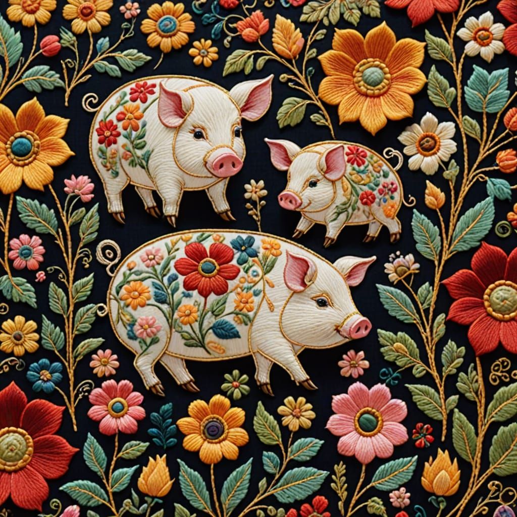 Fantasy Pigs in Garden: Jacobean Embroidery Art