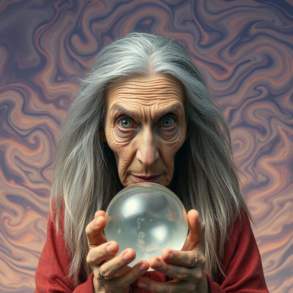 Quizzical Old Woman with Crystal Ball and Psychedelic Sky