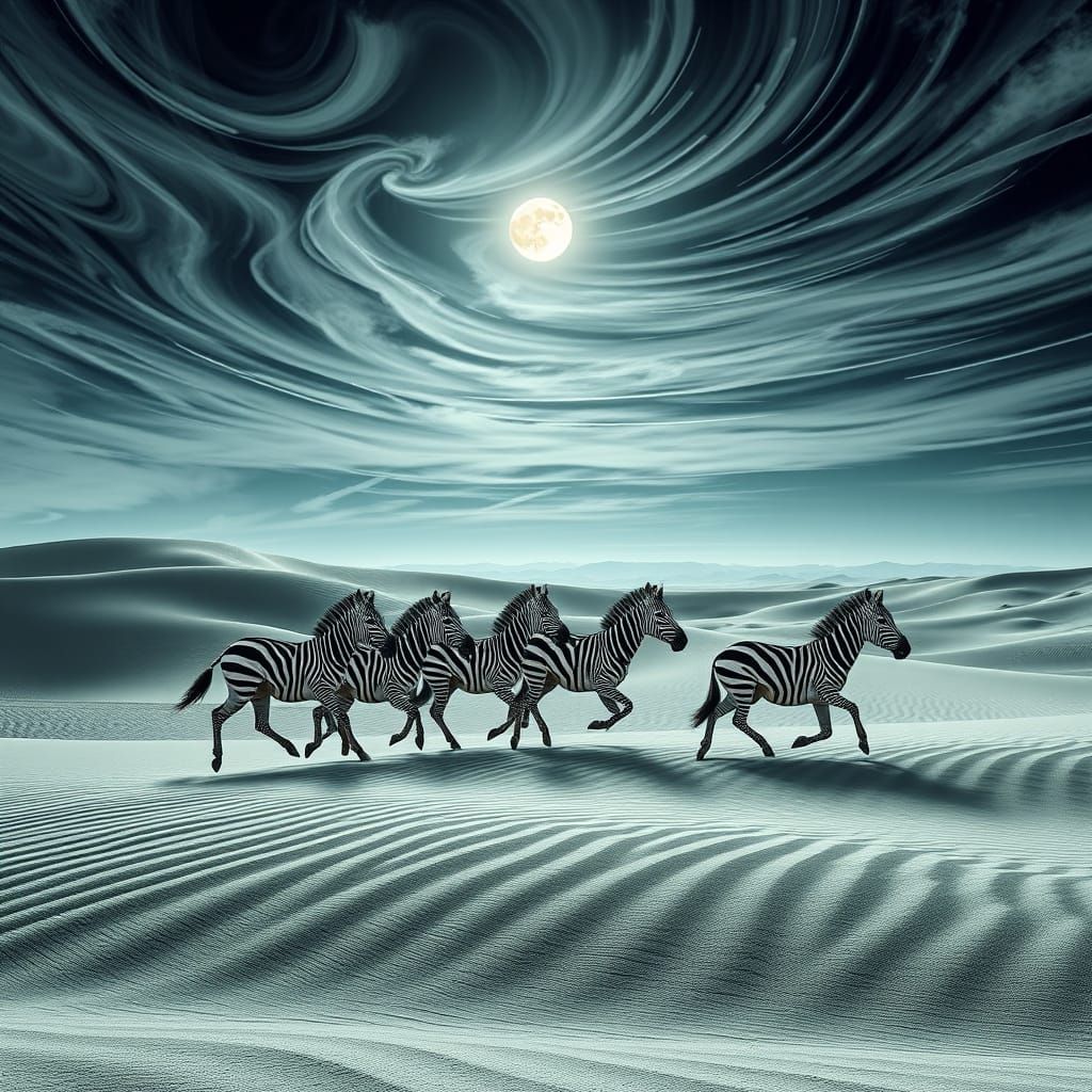 Zebras in a Dazzling Black-and-White Desert Landscape
