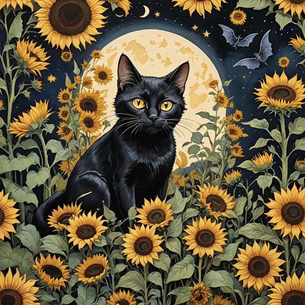 Black Cat with Bat Wings Under Crescent Moon