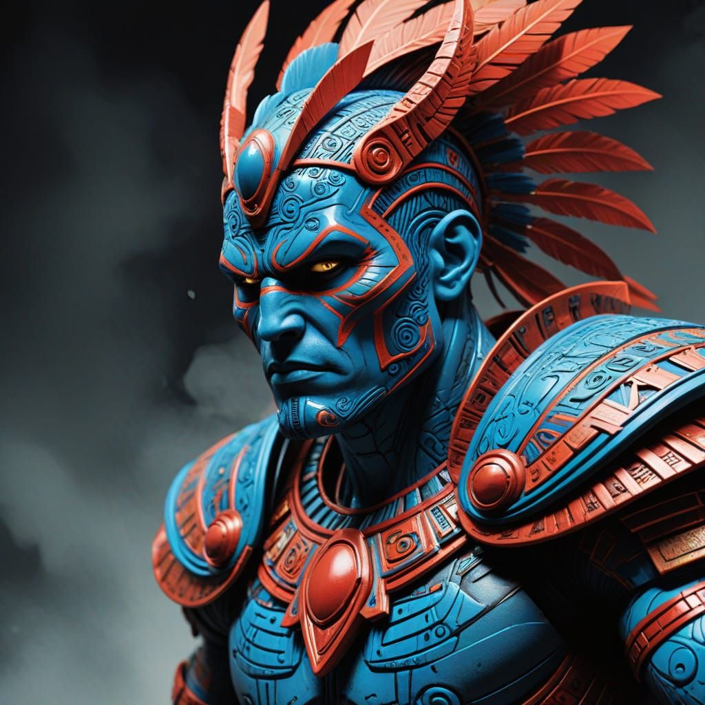 Stylized Comic Book Warrior in Vibrant Mayan-Inspired Armor