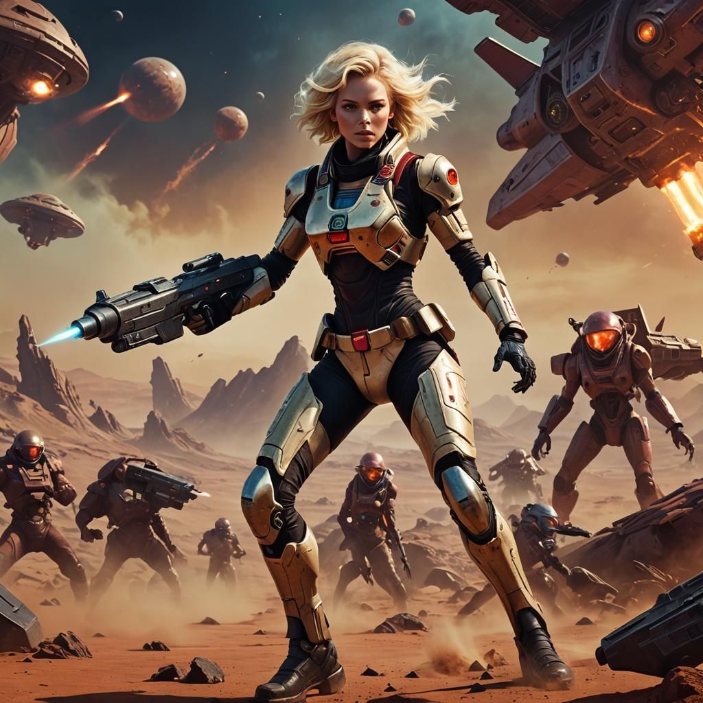 Retro Space Girl Battles Aliens: Cinematic Concept Art