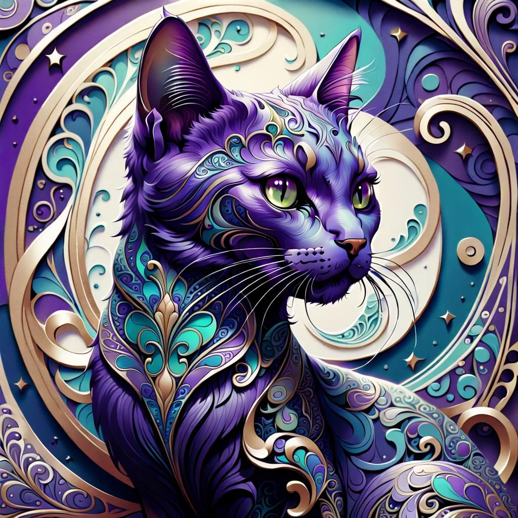 Art Nouveau Cat with Paisley Patterns