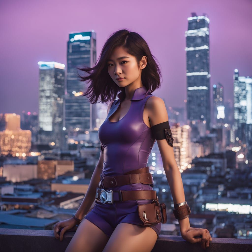 Anime Superheroine Poses on Bangkok Rooftop