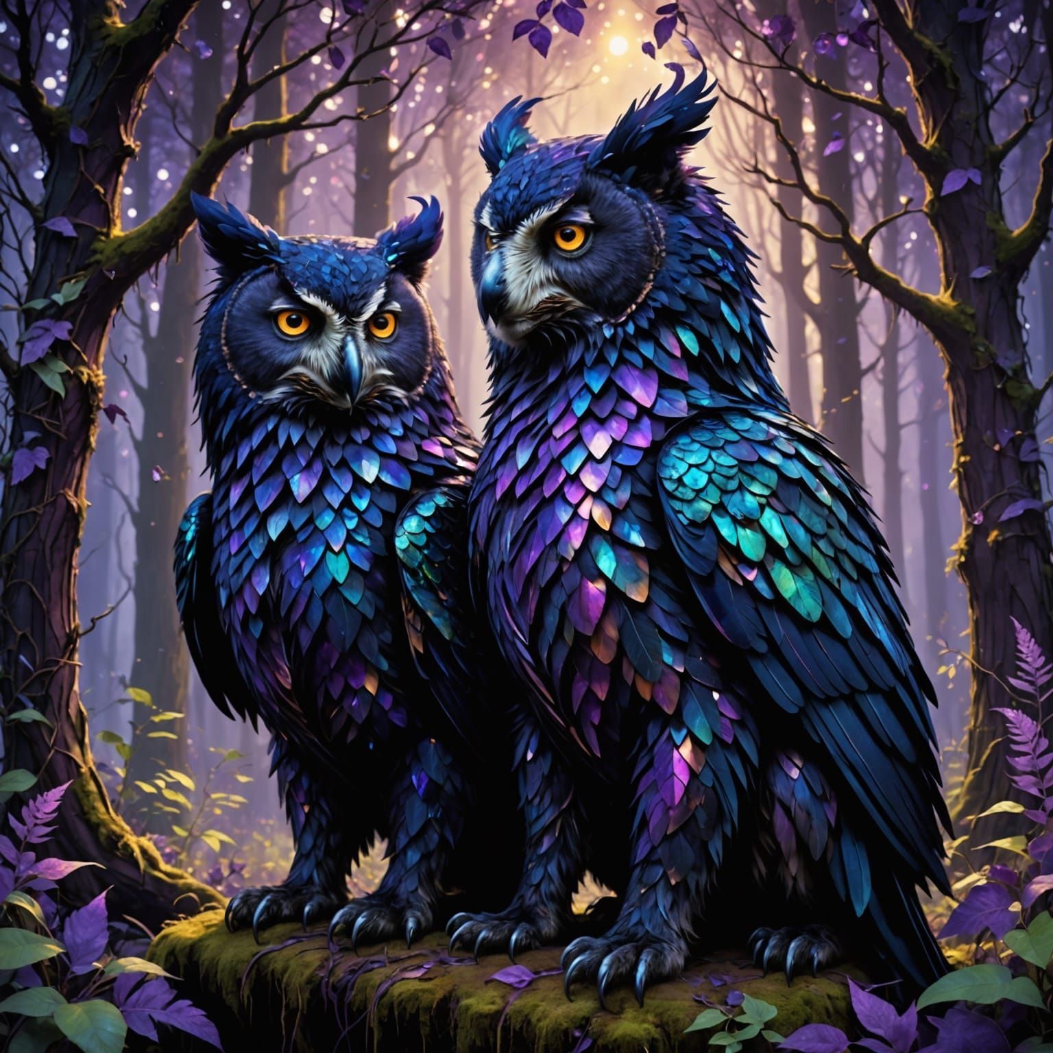 Iridescent Owlbears Guard Throne in Enchanted Forest