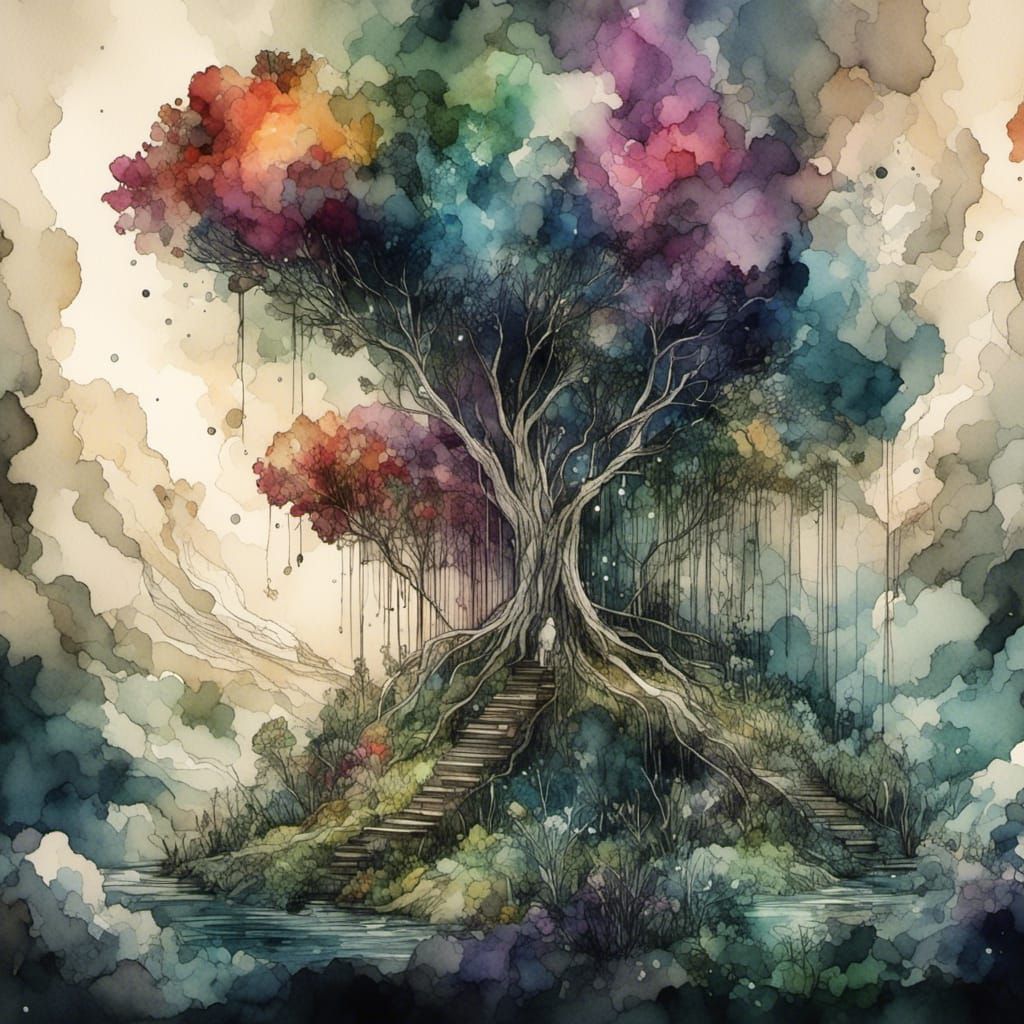 Tree in Watercolor Digital Ink Style