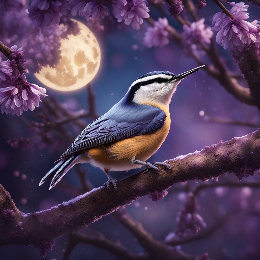 Nuthatch with Moon Halo in Fantasy Art Style