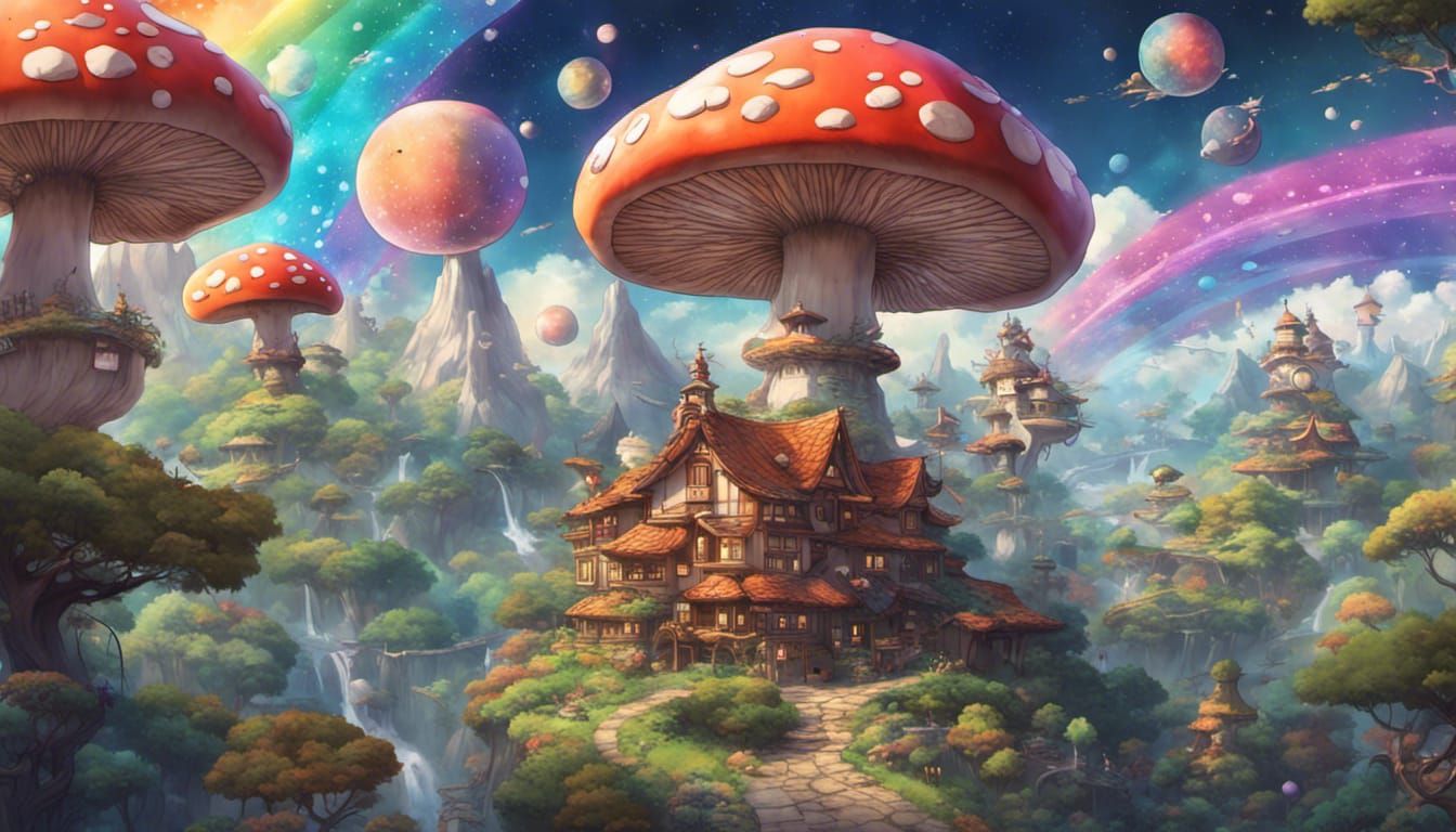 Ghibli Mushroom Village with Rainbow Dragon