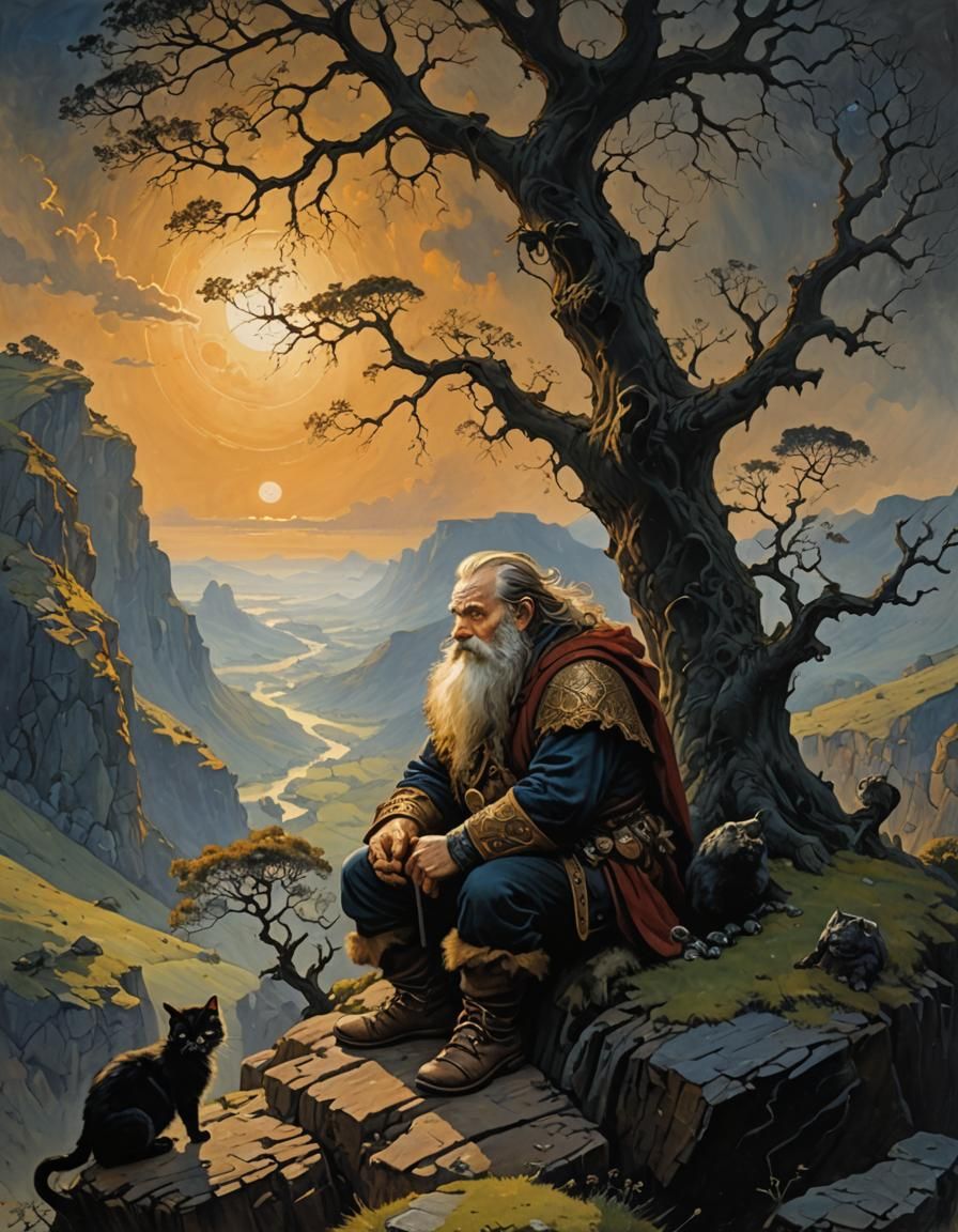 Dwarf and Mythical Cat on Cliff, Impressionistic Oil Paintin...