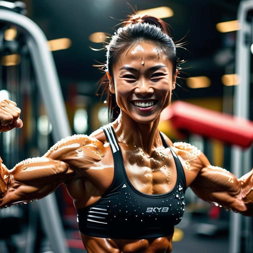 Muscular Asian Woman Bodybuilder Flexing in Gym