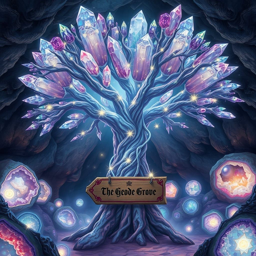 Crystal Tree of the Geode Grove in Dwarvish Script