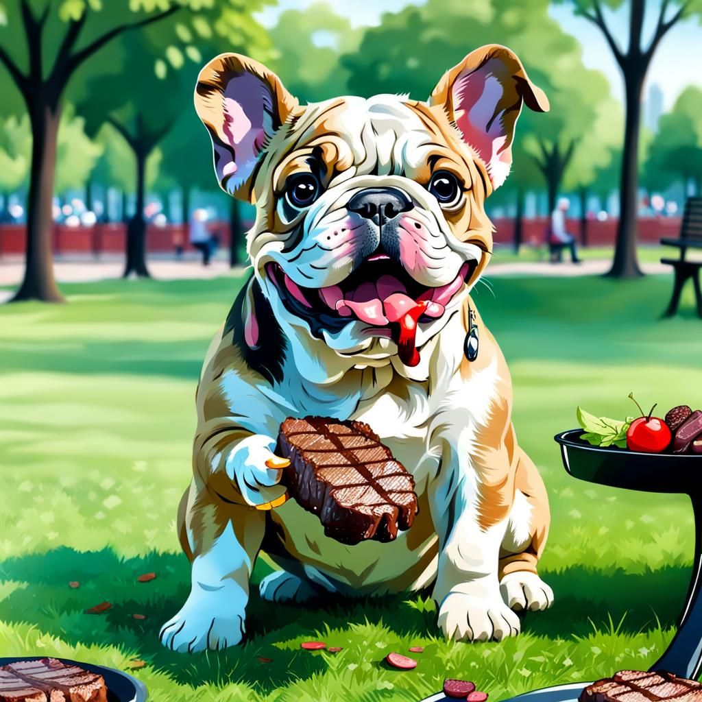 Bulldog Puppy Enjoying Steak in the Park