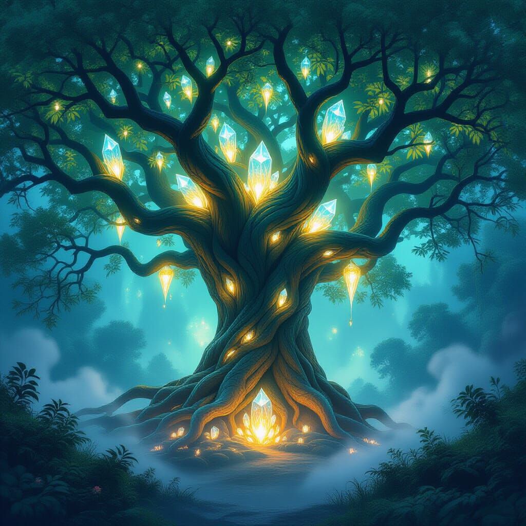 Ancient Tree With Crystal Roots in Mystical Forest