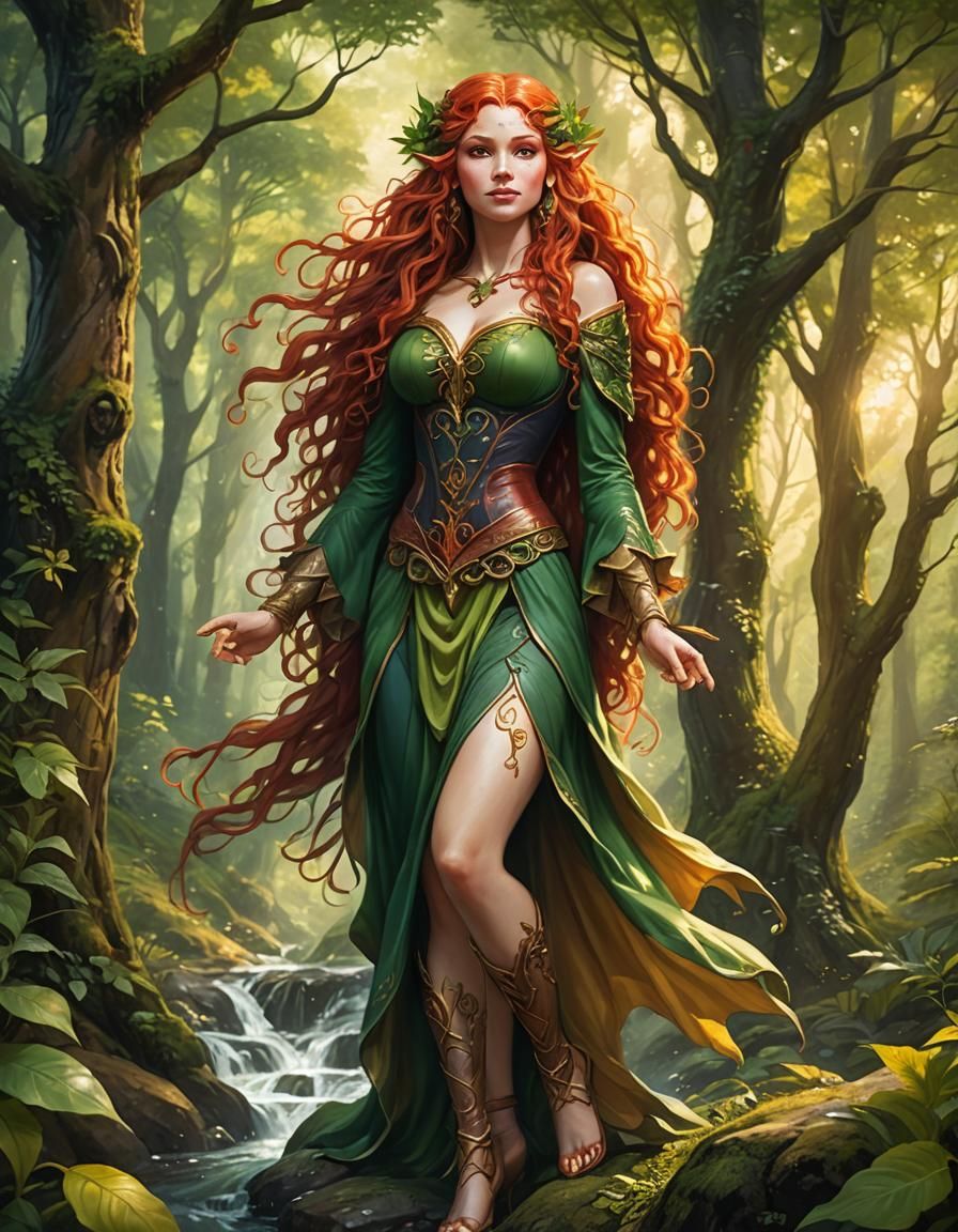 Voluptuous Elf in Lush Forest Illustration
