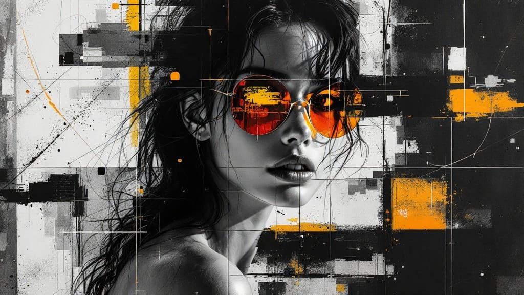 A Woman Emerges from the Grid in a Fusion of Artistic Styles