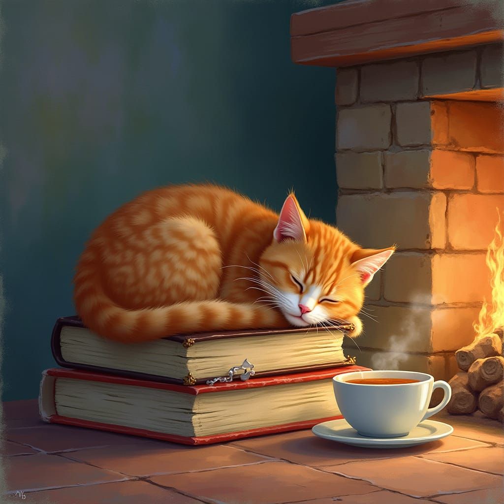 Ginger Cat in Warm Watercolor Scene