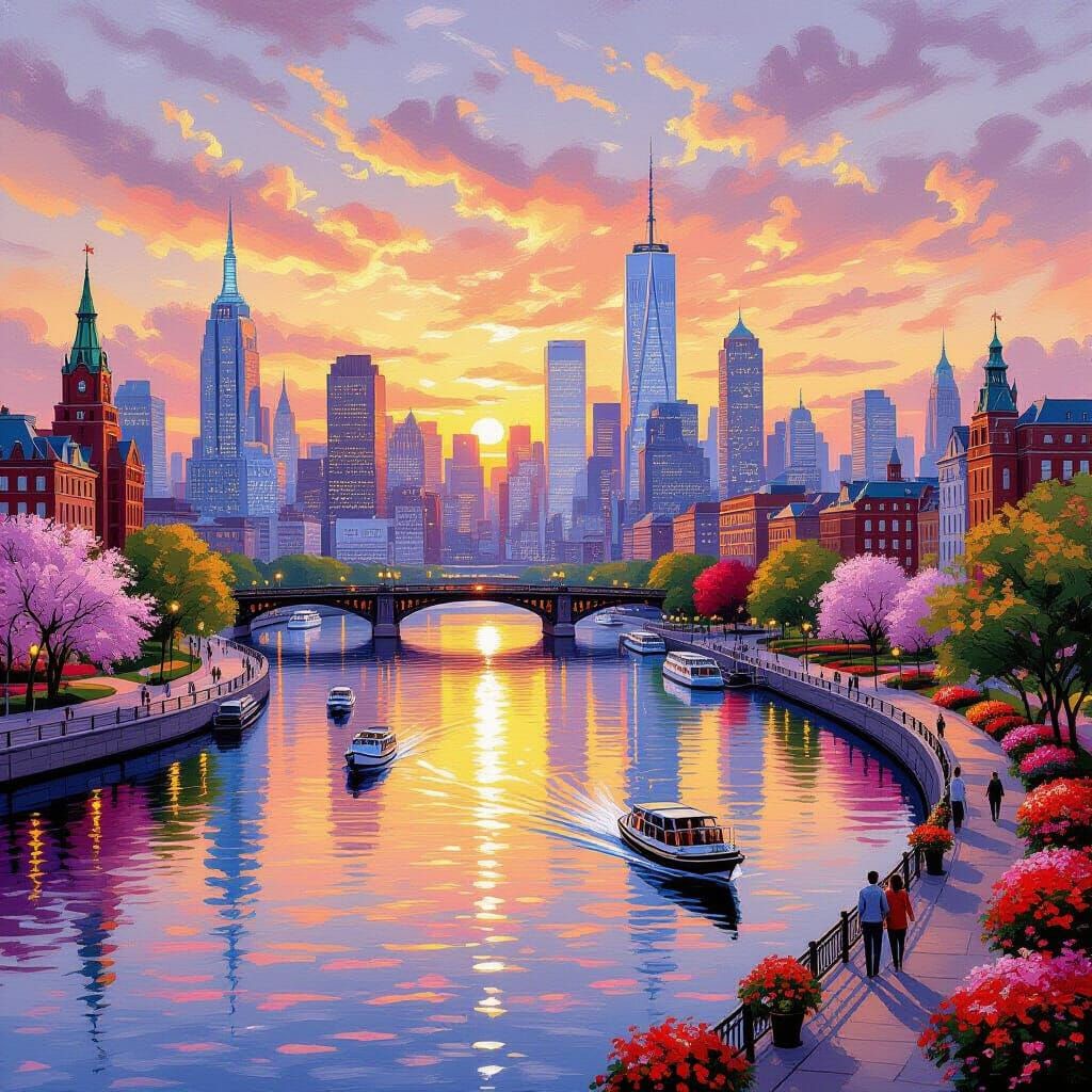 Vibrant City Skyline at Golden Hour Over Calm River