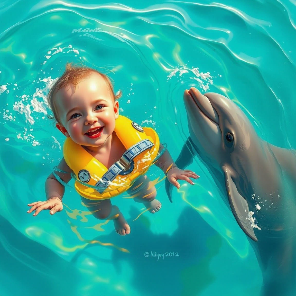 Baby Swimming with Dolphins in Crystal Clear Water